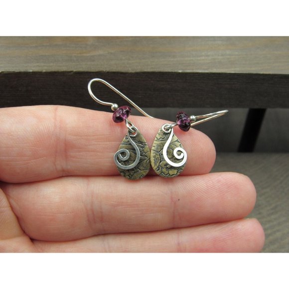 Sterling Silver & Bronze Swirl Handmade Dangle Earrings Vintage Wedding - Picture 1 of 5